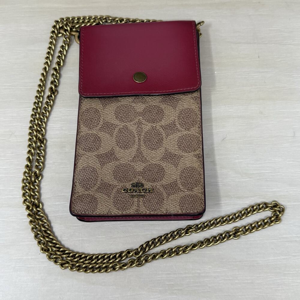 Coach Phone Crossbody Chain Strap Logo Canvas North South Pouch Red Accent